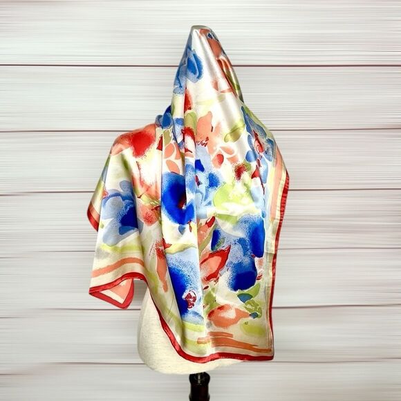 Silk Satin Square Scarf Floral Watercolor Print Hand Rolled Hand Printed 34x34” - Picture 1 of 12